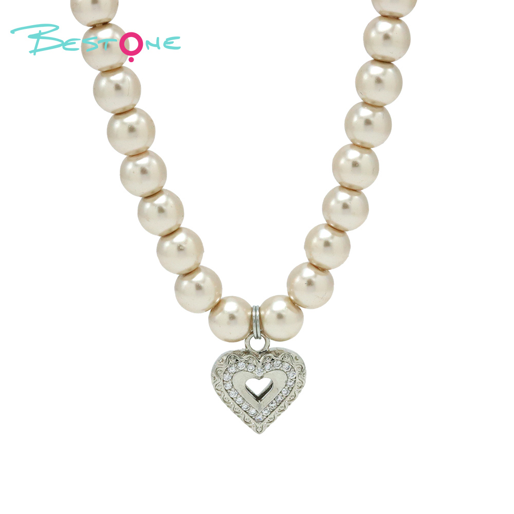 Glass Imitation Pearl Necklace with Rhinestone Heart Pendant