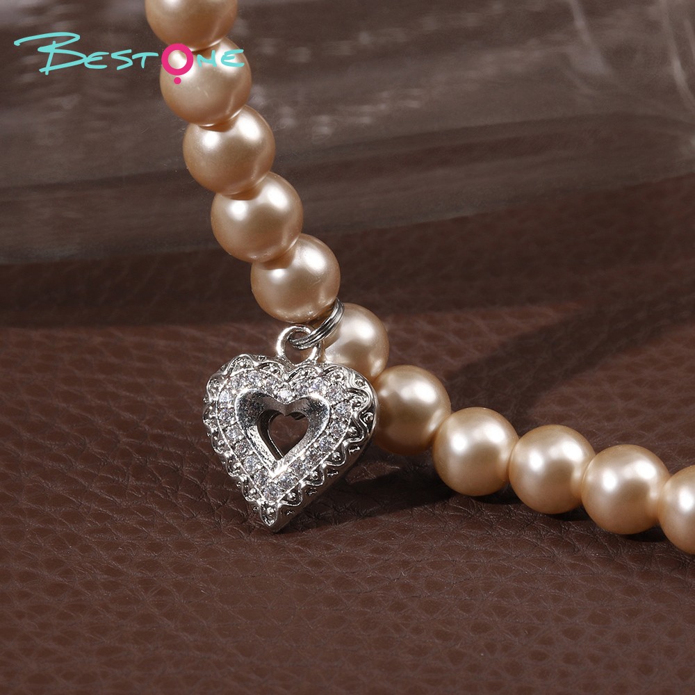 Glass Imitation Pearl Necklace with Rhinestone Heart Pendant