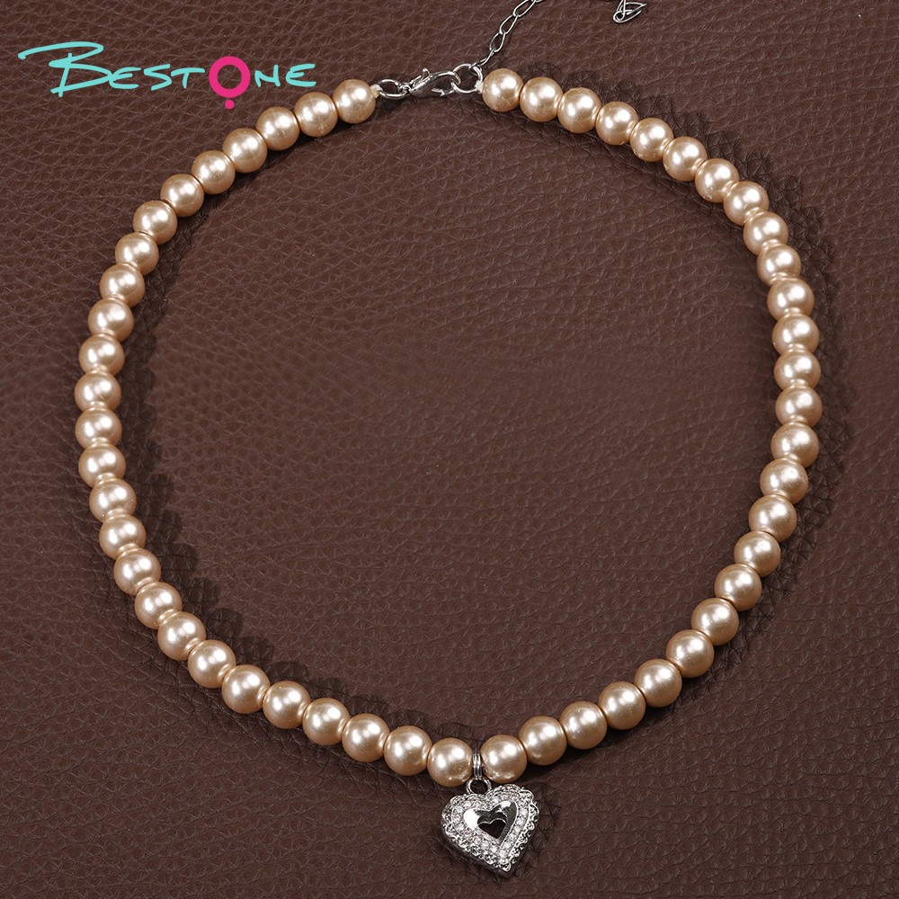 Glass Imitation Pearl Necklace with Rhinestone Heart Pendant