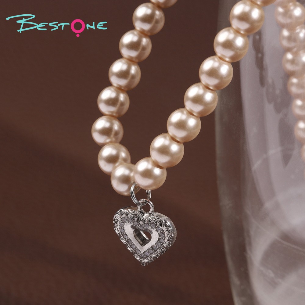 Glass Imitation Pearl Necklace with Rhinestone Heart Pendant