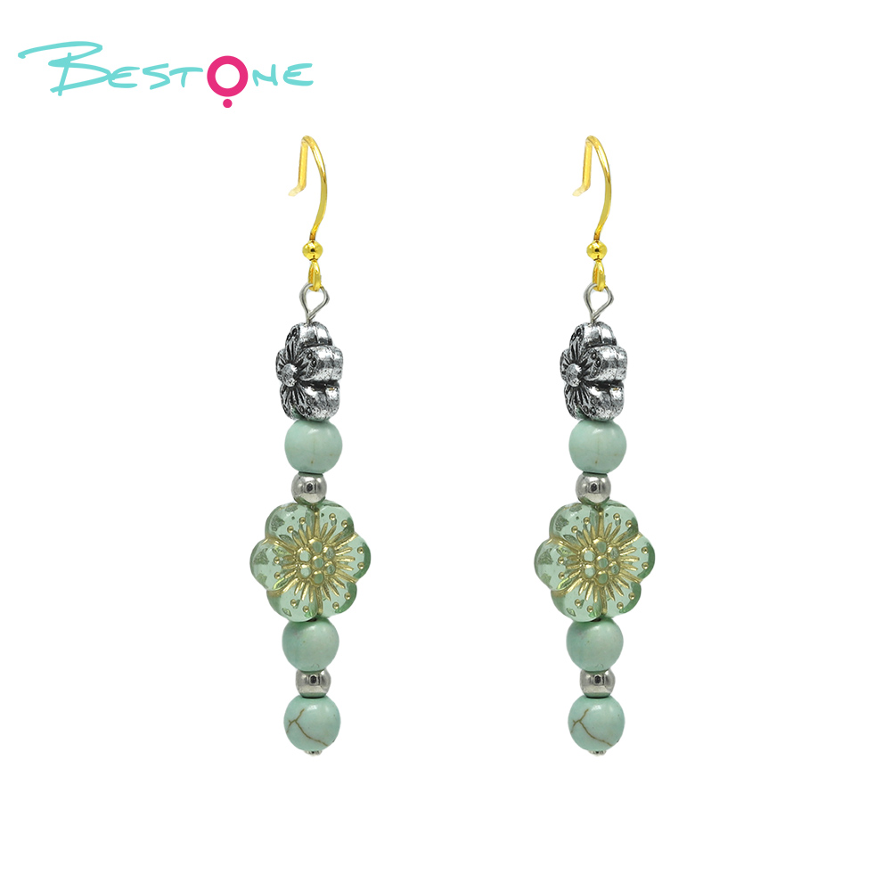 Mint Green Floral Beaded Drop Earrings