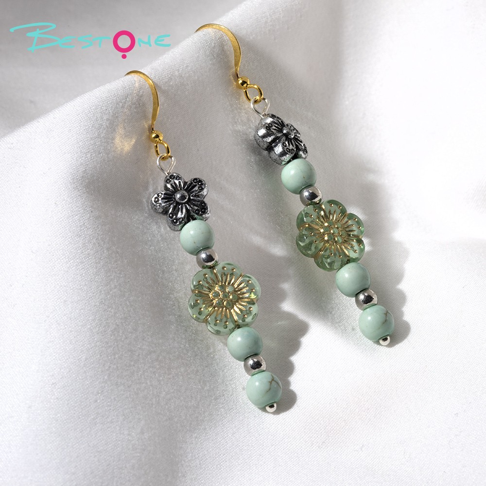 Mint Green Floral Beaded Drop Earrings