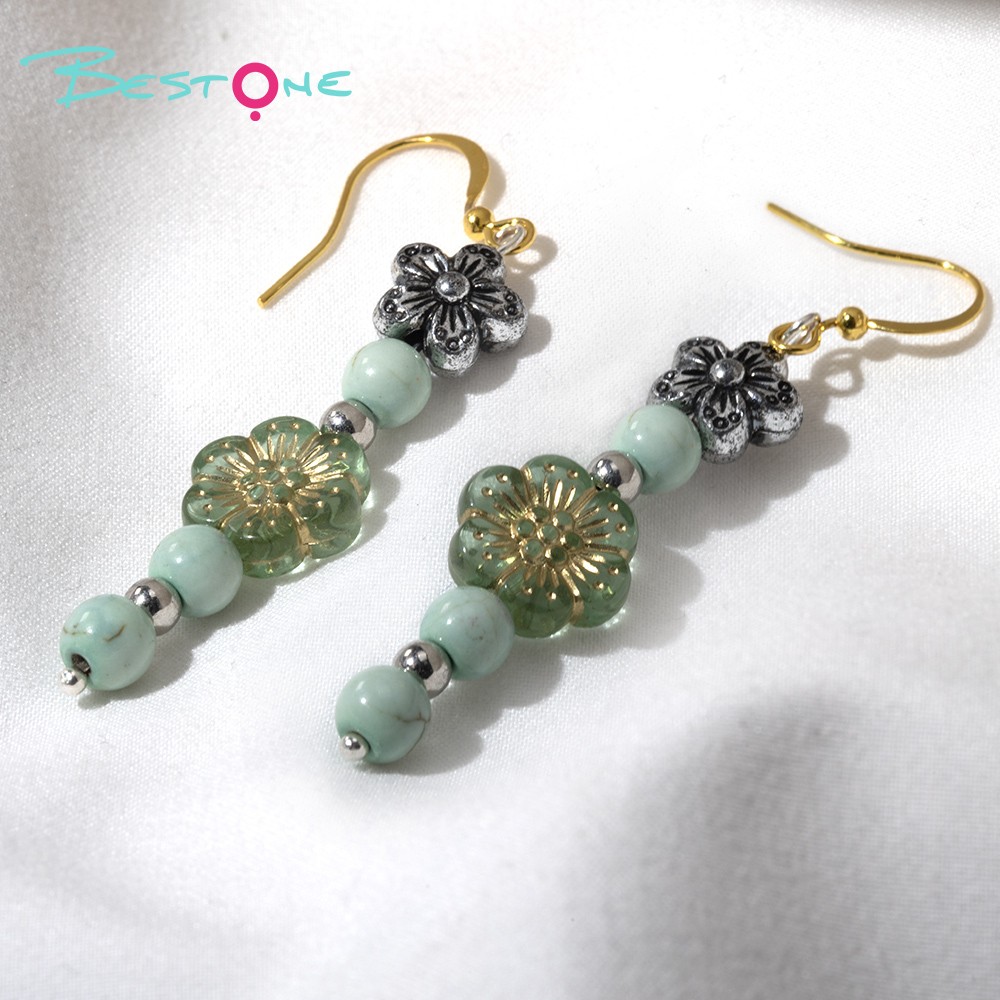 Mint Green Floral Beaded Drop Earrings