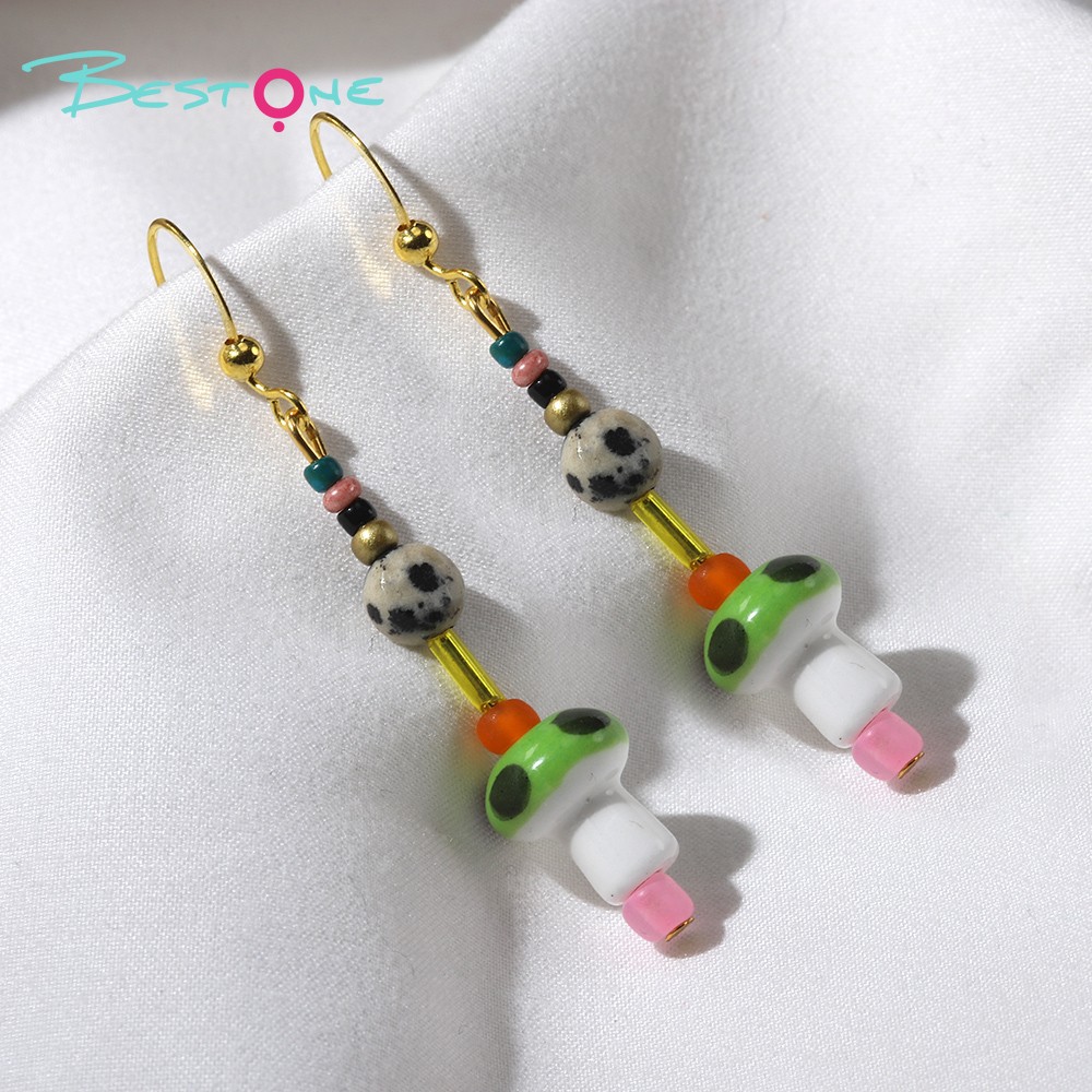 Playful Green Mushroom Beaded Drop Earrings