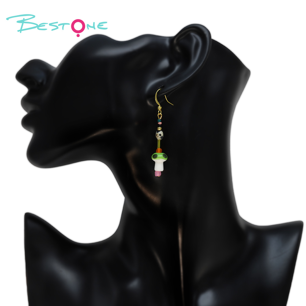 Playful Green Mushroom Beaded Drop Earrings