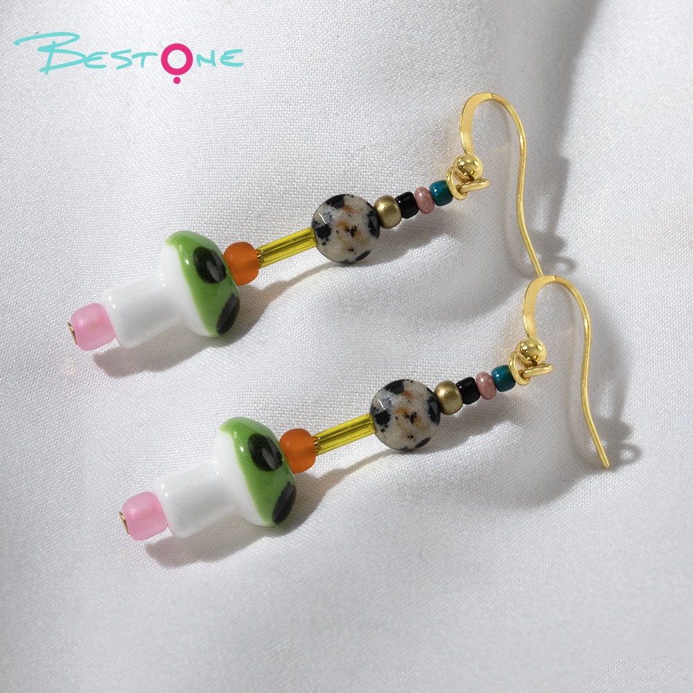 Playful Green Mushroom Beaded Drop Earrings