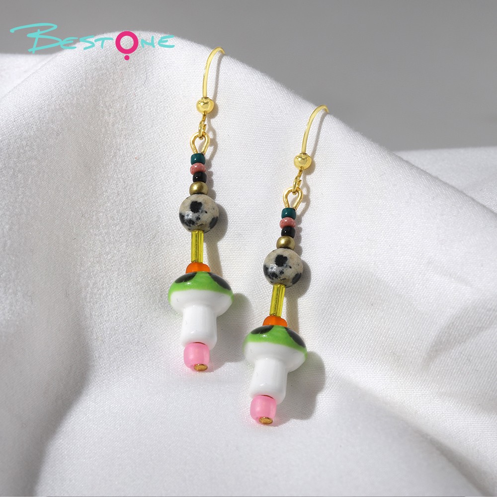 Playful Green Mushroom Beaded Drop Earrings