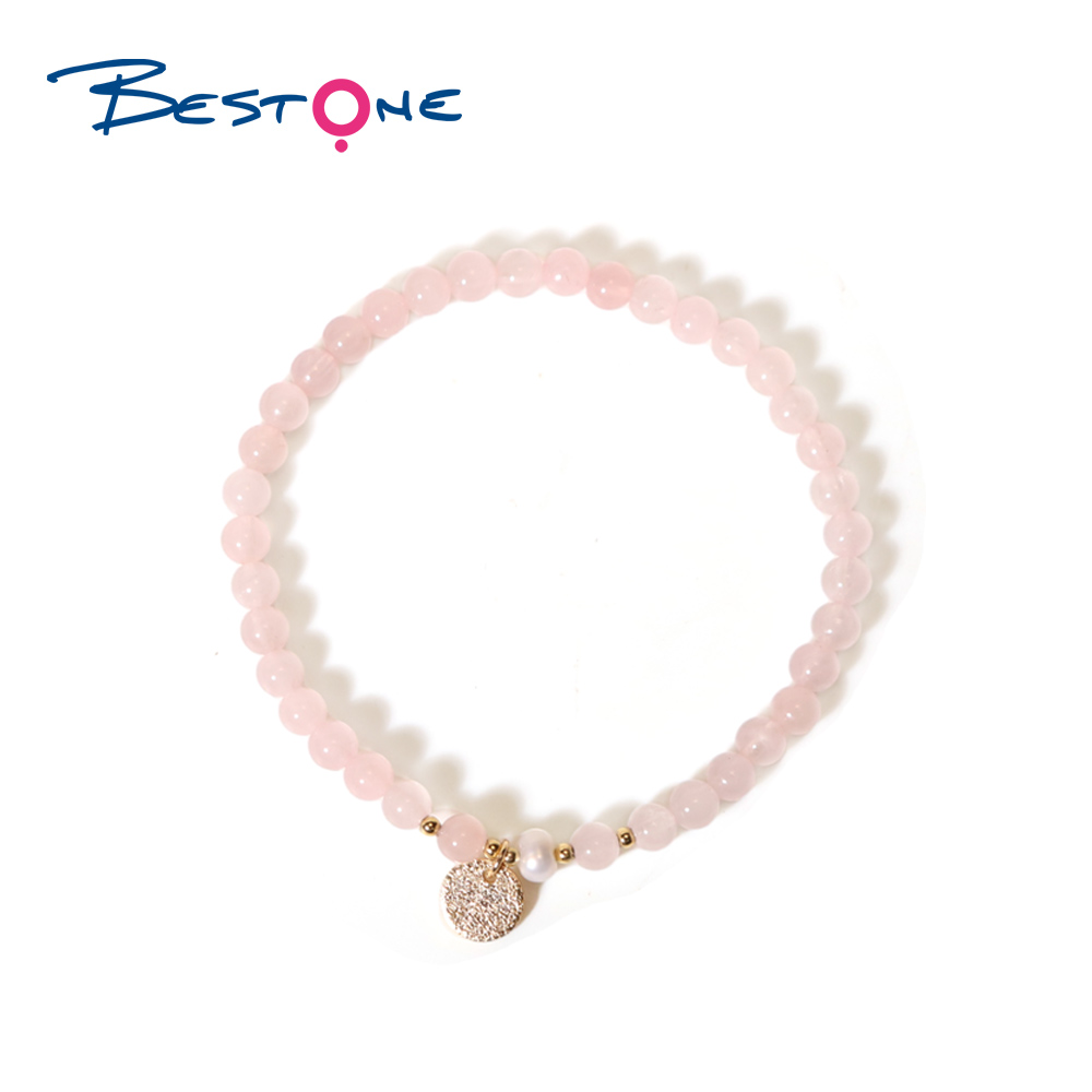 Bracelet - Rose Quartz - Bead 4mm- Pearl - Copper plated gold pendant - Gold bead