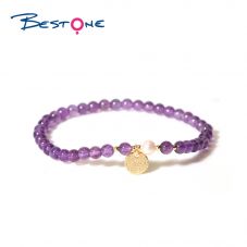 Bracelet - Amethyst - Bead 4mm- Pearl - Copper plated gold round piece pendant - Gold bead