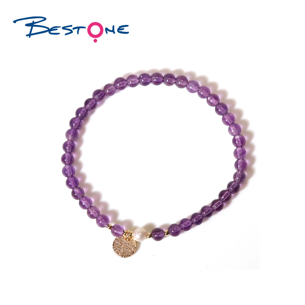 Bracelet - Amethyst - Bead 4mm- Pearl - Copper plated gold round piece pendant - Gold bead