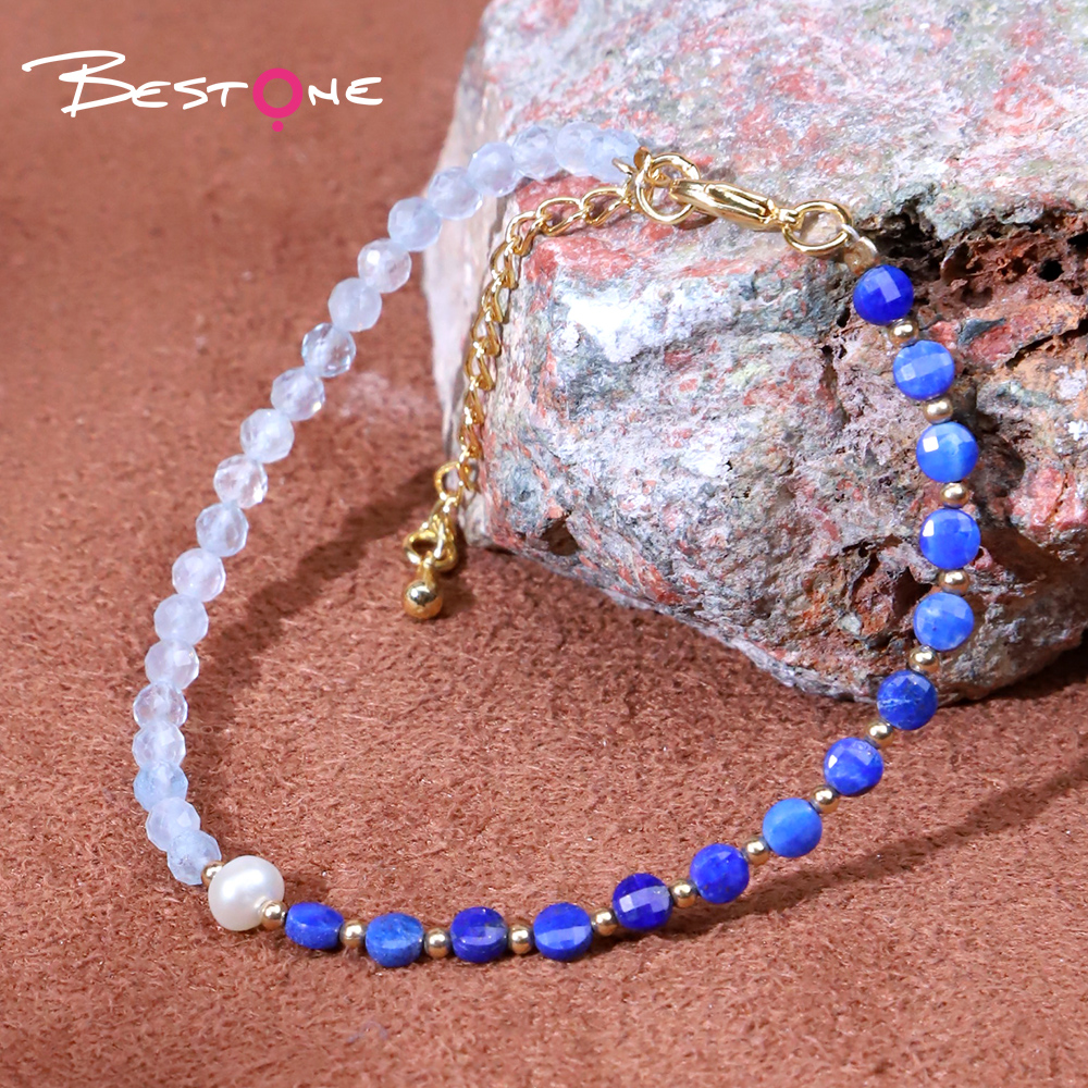 Bracelet - Pearl -4*5mm+ Lapis Lazio -3*4mm+ Aquamarine - faceted bead -4mm+ copper bead - Round bead -2mm-18+5.5cm