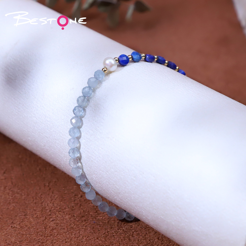 Bracelet - Pearl -4*5mm+ Lapis Lazio -3*4mm+ Aquamarine - faceted bead -4mm+ copper bead - Round bead -2mm-18+5.5cm