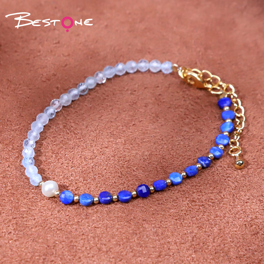 Bracelet - Pearl -4*5mm+ Lapis Lazio -3*4mm+ Aquamarine - faceted bead -4mm+ copper bead - Round bead -2mm-18+5.5cm