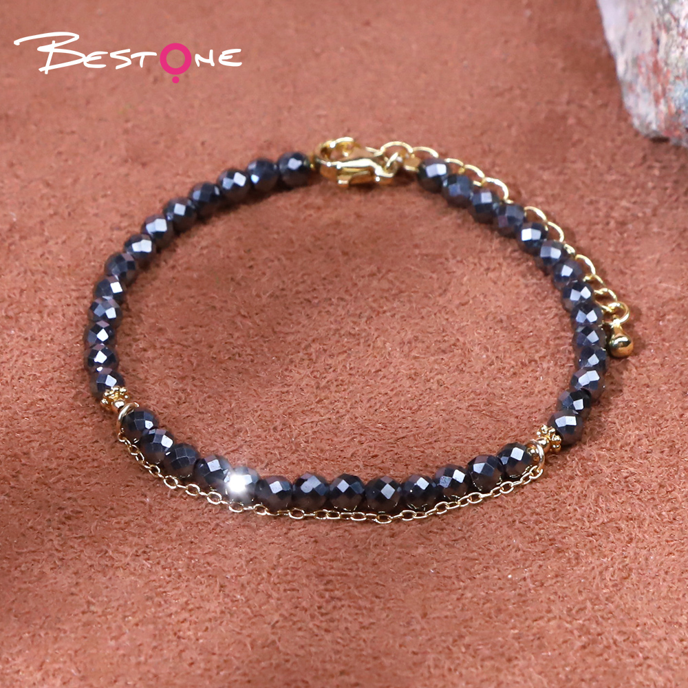 Bracelet - Hemitite - Bead - Gun black -4mm+ copper plated gold spacer + metal chain -5.5cm-18+5cm