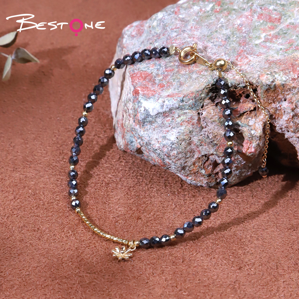 Bracelet - Hemitite - Bead - Gun black -4mm+ copper plated gold spacer + metal chain -5.5cm-18+5cm