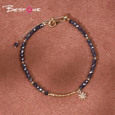 Bracelet - Hemitite - faceted bead - Gun black -3mm+ copper plated gold bend -2*20mm+ Small flower hanging -18+4cm