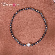 Bracelet - Pearl -5mm+ copper bead -2mm+ Hemitite - triangle - blue -2*3mm- elastic rope