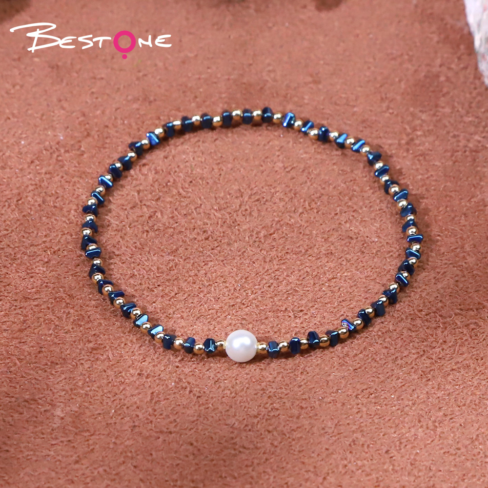 Bracelet - Pearl -5mm+ copper bead -2mm+ Hemitite - triangle - blue -2*3mm- elastic rope