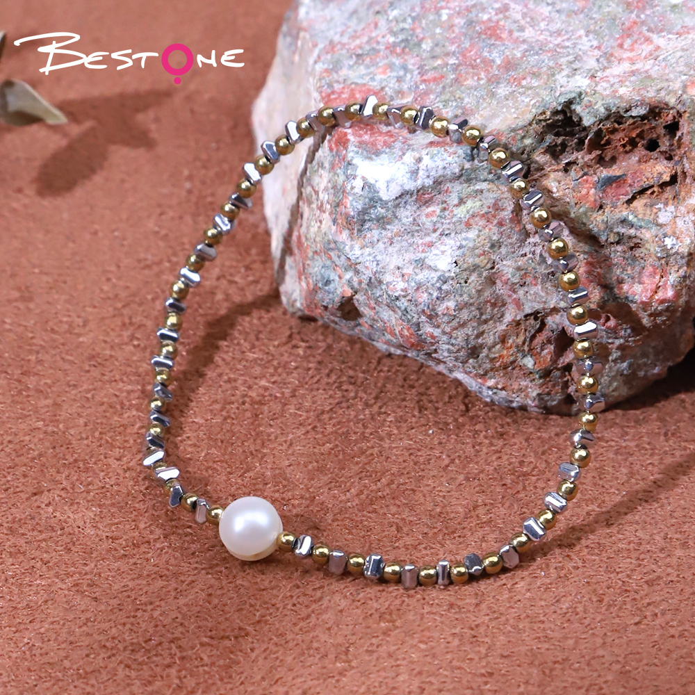 Bracelet - Pearl -5mm+ copper bead -2mm+ Hemitite - triangle - blue -2*3mm- elastic rope