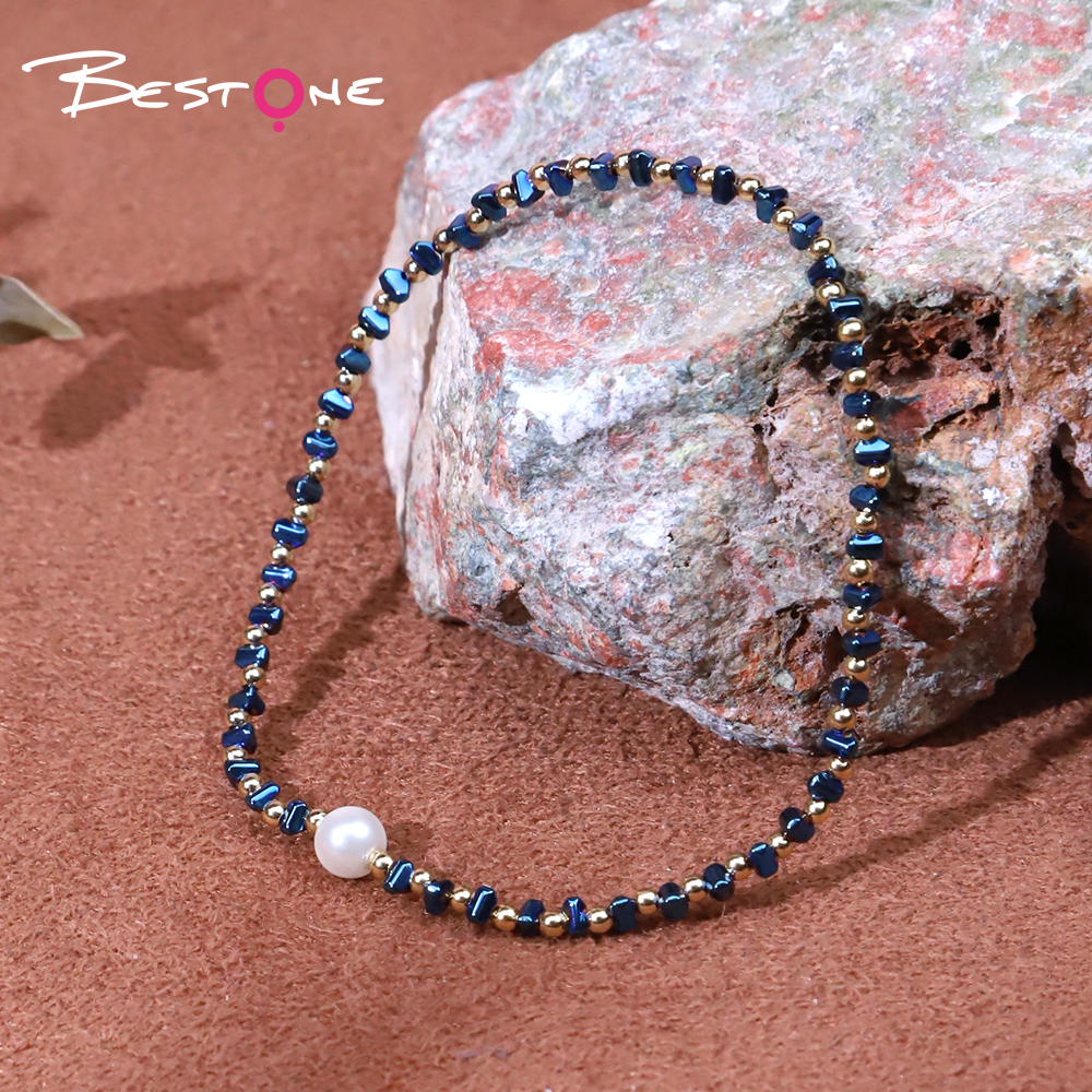 Bracelet - Pearl -5mm+ copper bead -2mm+ Hemitite - triangle - blue -2*3mm- elastic rope