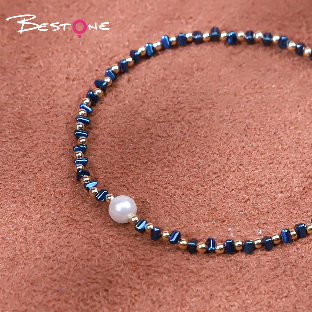 Bracelet - Pearl -5mm+ copper bead -2mm+ Hemitite - triangle - blue -2*3mm- elastic rope