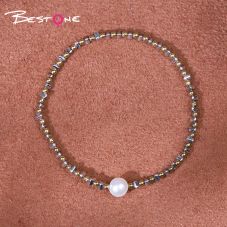 Bracelet - Pearl -7mm+ copper bead -2mm+ Hemitite - triangle - Silver -2*3mm- elastic rope