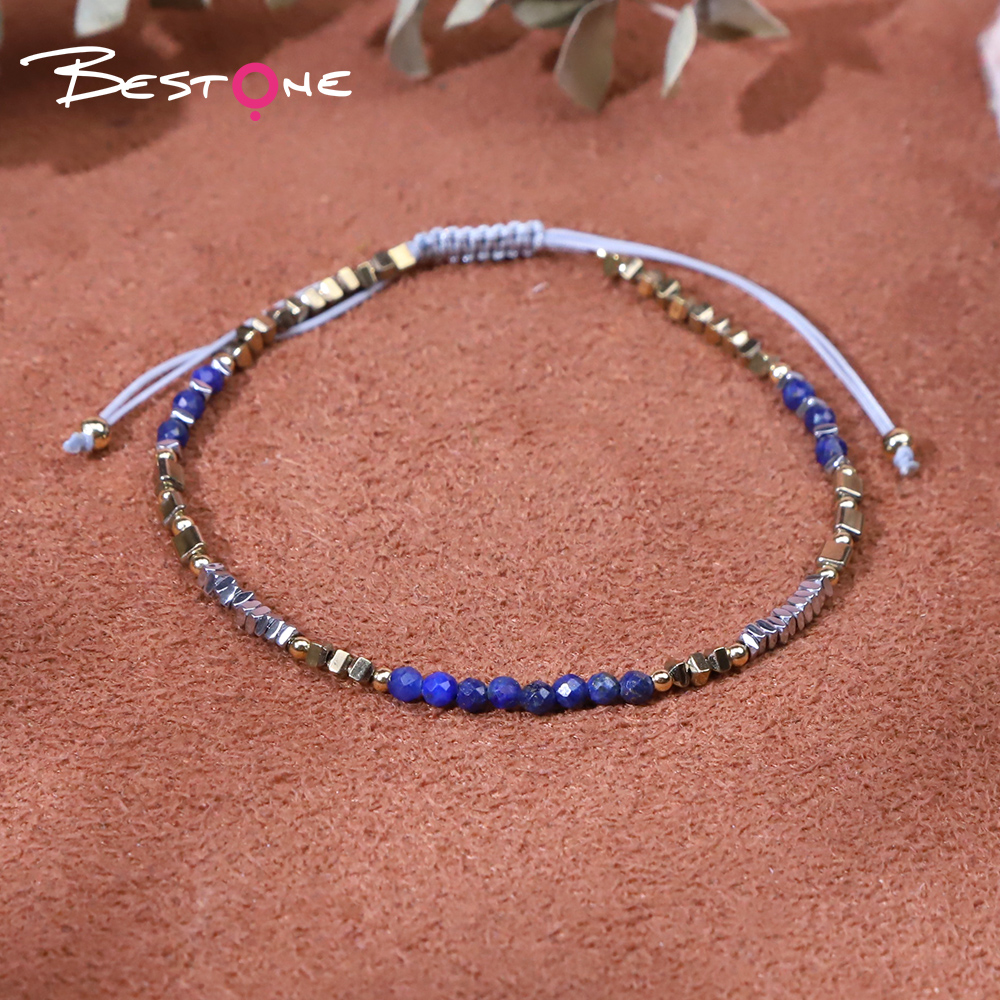 Bracelet - Lapis Lazio - faceted bead -3mm+ Hemitite - square - Gold -2*3mm+ Hemitite - square - Silver -2*1mm+ Hemitite - Triangle bead -3*3mm- Drawstring