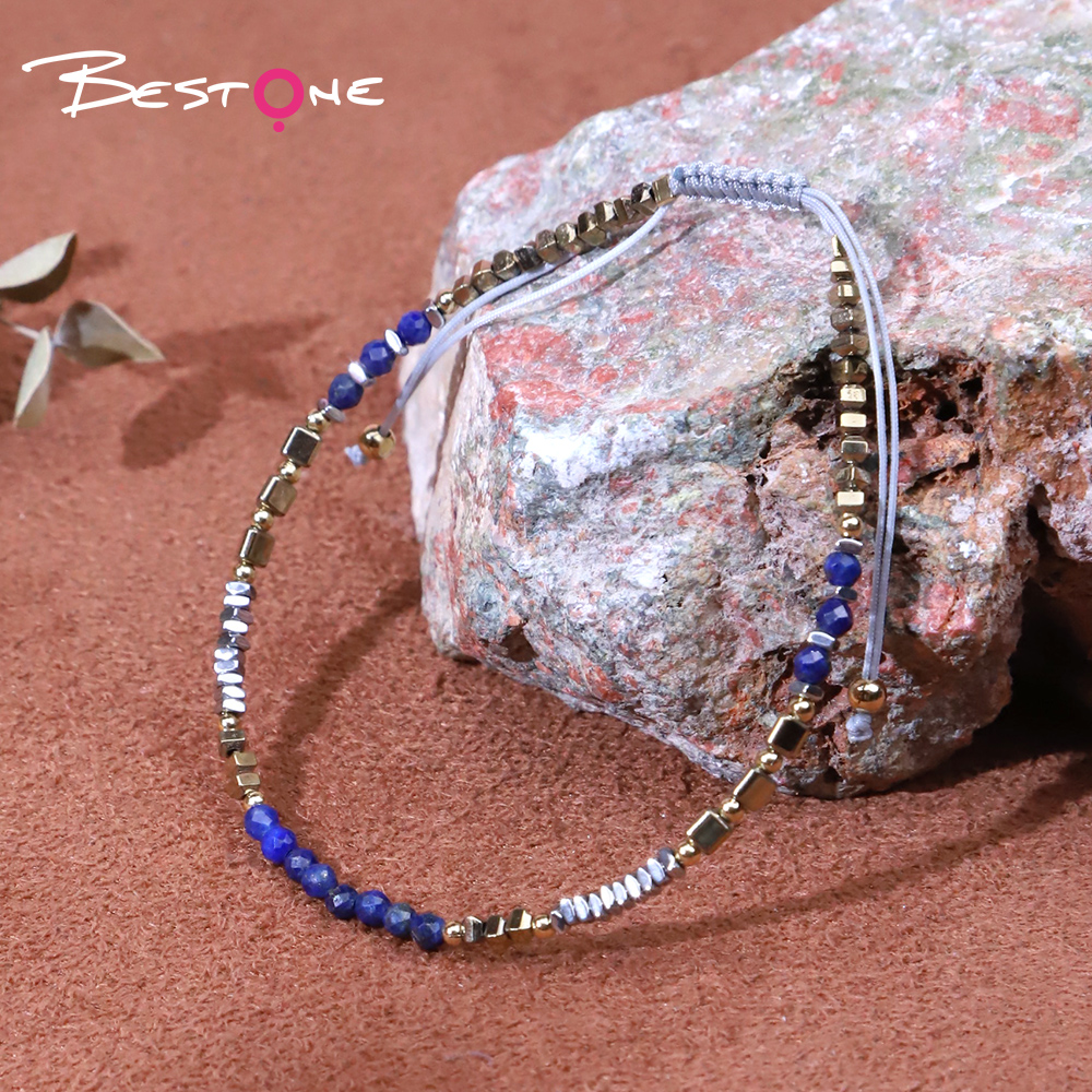 Bracelet - Lapis Lazio - faceted bead -3mm+ Hemitite - square - Gold -2*3mm+ Hemitite - square - Silver -2*1mm+ Hemitite - Triangle bead -3*3mm- Drawstring