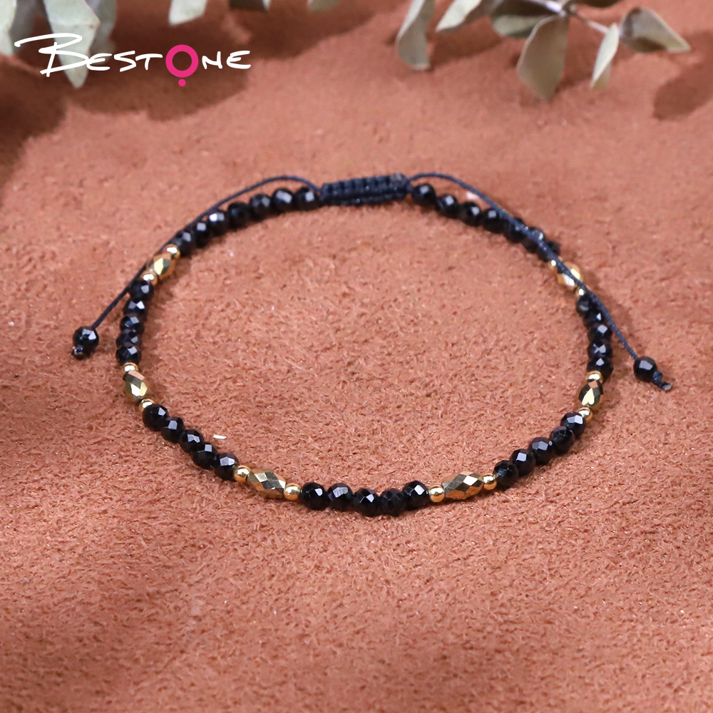 Bracelet - Black crystal - faceted bead -3mm+ bead - faceted -3*5mm+ copper bead -2mm- Drawstring