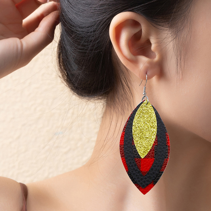 Bestone Hot Colorful Mardi Gras Carnival Leaf Shape Leather Dangle Earrings Layered Shining Mardi Gras Theme Teardrop Earrings