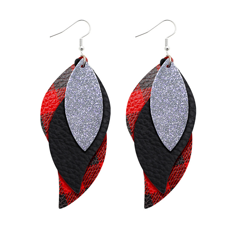 Bestone Hot Colorful Mardi Gras Carnival Leaf Shape Leather Dangle Earrings Layered Shining Mardi Gras Theme Teardrop Earrings