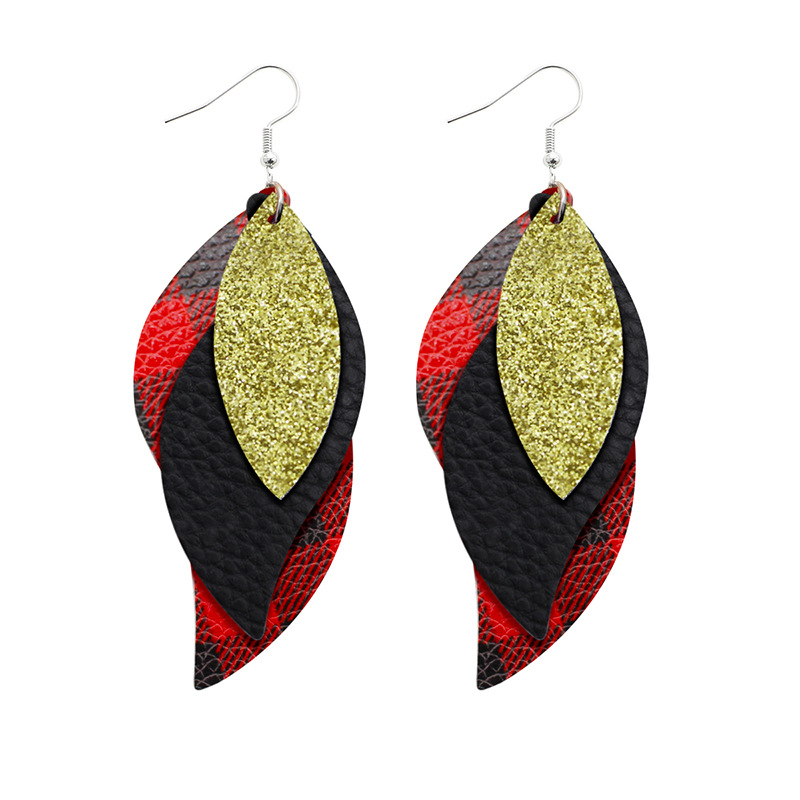 Bestone Hot Colorful Mardi Gras Carnival Leaf Shape Leather Dangle Earrings Layered Shining Mardi Gras Theme Teardrop Earrings