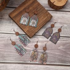 Bestone Western Style Cactus Sunflower Hook Earrings for Women Wooden Western Style Cactus Geometric Pendant Earrings