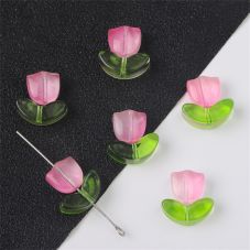 Glass Bead Set - Pink Tulip Flower with Green Leaf - 9x5x5.5mm Flower + 14x7x5mm Leaf - 0.8mm Hole - 10 Sets Per Pack