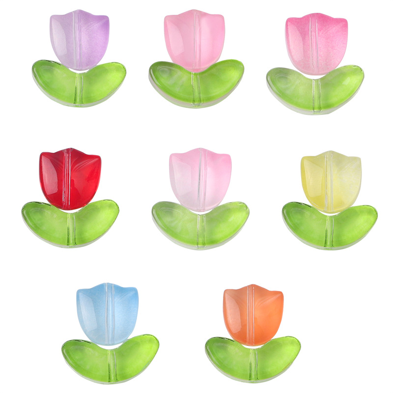 Glass Bead Set - Pink Tulip Flower with Green Leaf - 9x5x5.5mm Flower + 14x7x5mm Leaf - 0.8mm Hole - 10 Sets Per Pack