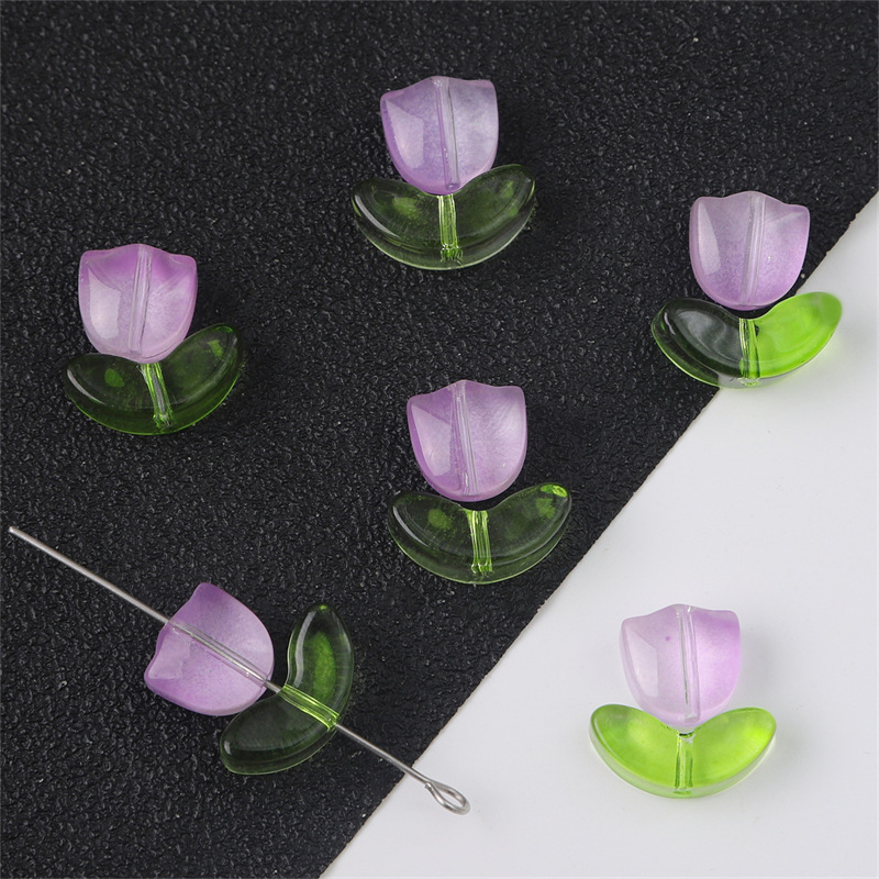 Glass Bead Set - Pink Tulip Flower with Green Leaf - 9x5x5.5mm Flower + 14x7x5mm Leaf - 0.8mm Hole - 10 Sets Per Pack