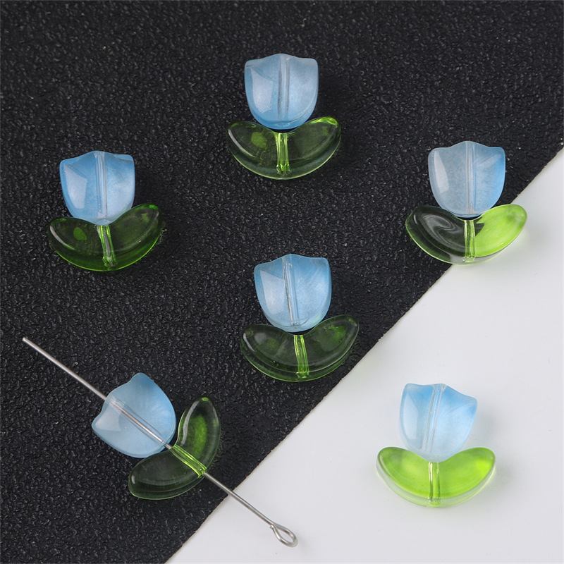 Glass Bead Set - Pink Tulip Flower with Green Leaf - 9x5x5.5mm Flower + 14x7x5mm Leaf - 0.8mm Hole - 10 Sets Per Pack