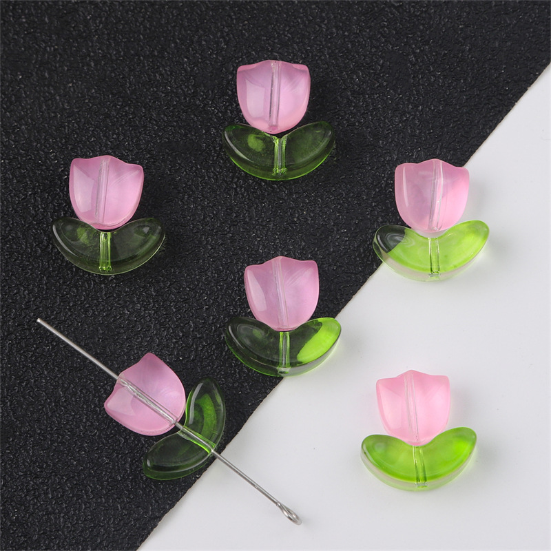 Glass Bead Set - Pink Tulip Flower with Green Leaf - 9x5x5.5mm Flower + 14x7x5mm Leaf - 0.8mm Hole - 10 Sets Per Pack