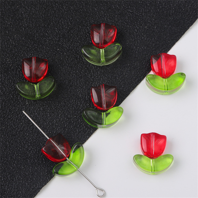 Glass Bead Set - Pink Tulip Flower with Green Leaf - 9x5x5.5mm Flower + 14x7x5mm Leaf - 0.8mm Hole - 10 Sets Per Pack