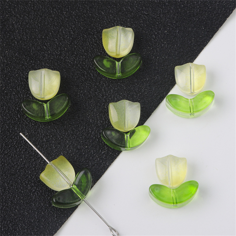 Glass Bead Set - Pink Tulip Flower with Green Leaf - 9x5x5.5mm Flower + 14x7x5mm Leaf - 0.8mm Hole - 10 Sets Per Pack