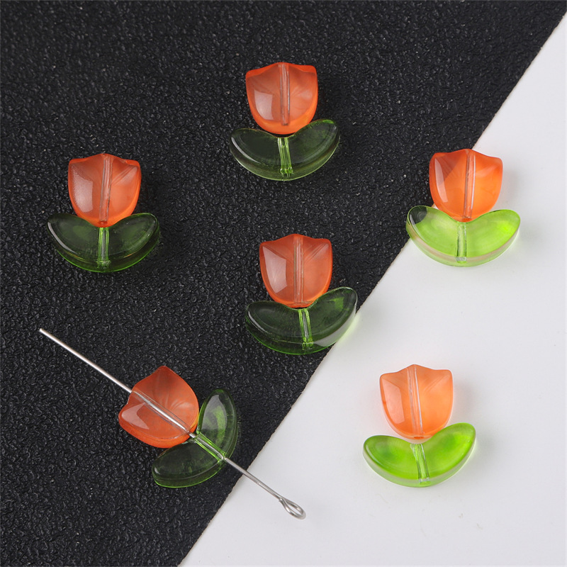 Glass Bead Set - Pink Tulip Flower with Green Leaf - 9x5x5.5mm Flower + 14x7x5mm Leaf - 0.8mm Hole - 10 Sets Per Pack