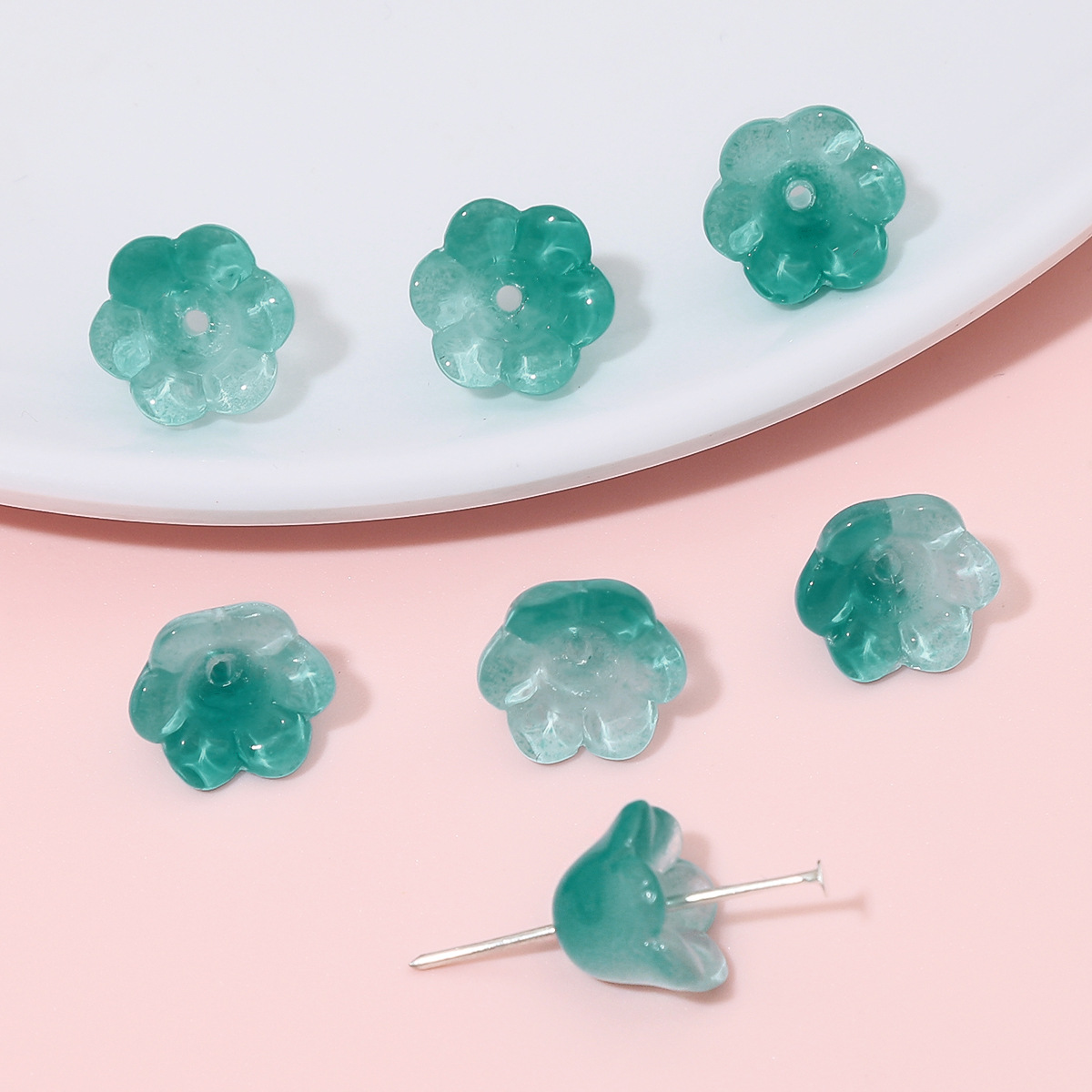 Glass Bead Flower Holders - Fresh Green Color - 12x7mm Size with 1mm Hole - 10 Pieces Per Pack