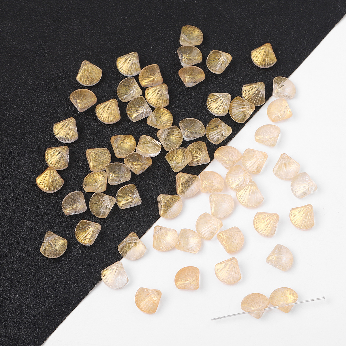 Glass Beads - Iridescent Shell with Gold Glitter - 10x10x6mm - 1mm Hole - 20 Beads Per Pack