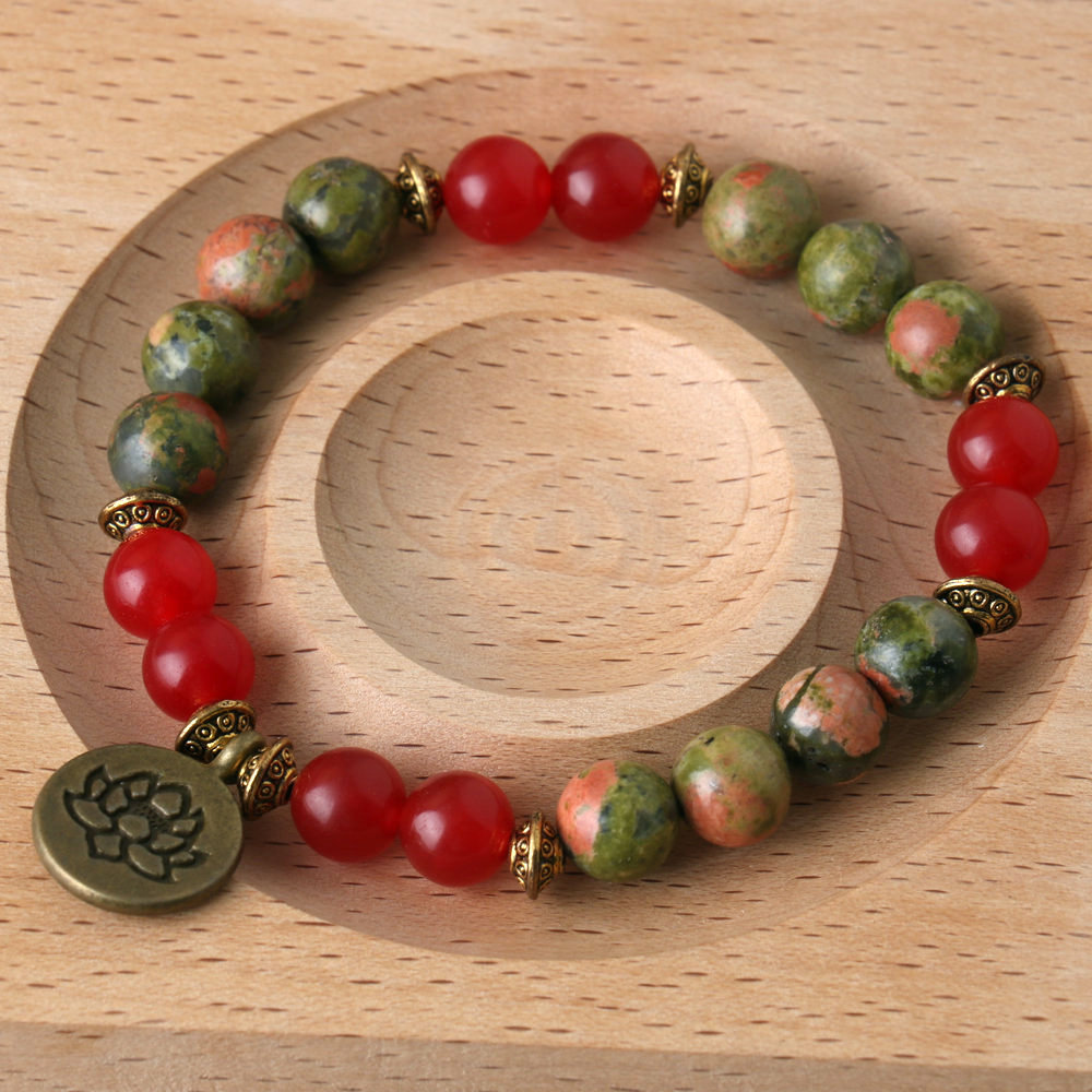 Natural Stone Bead Bracelet with Lotus Pendant for Yoga and Meditation