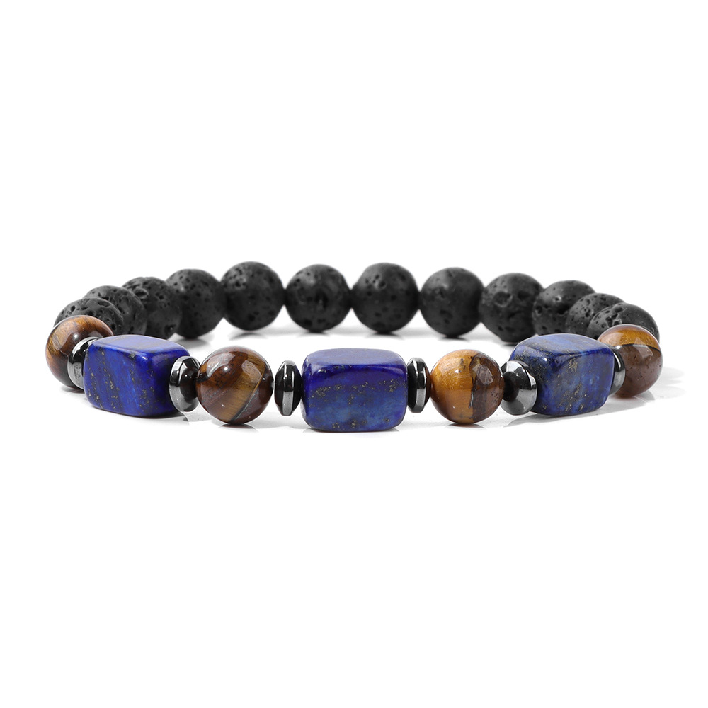 Hot Sale Natural Stone Raw Bead Bracelet Square Lapis Lazuli Tiger Eye Stone Men's Elastic Bracelet