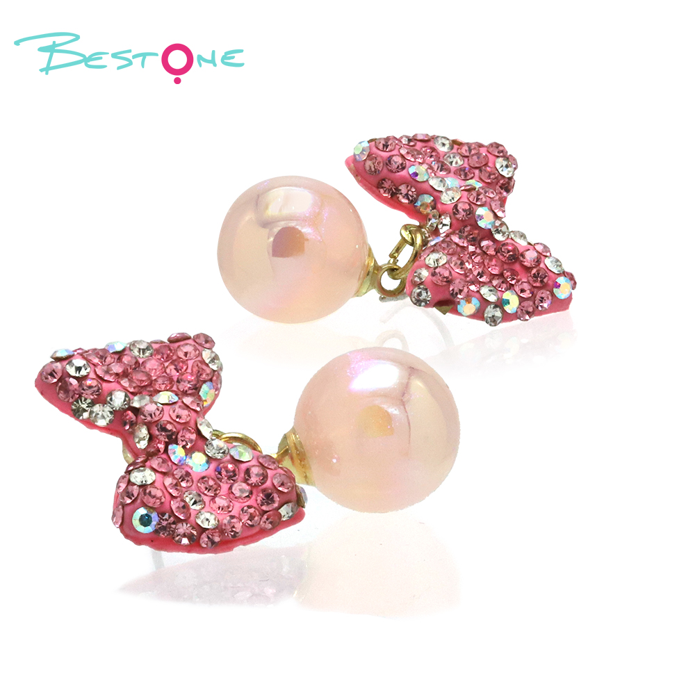 Bling Beads Earring Bow Glass beads-Pink Color