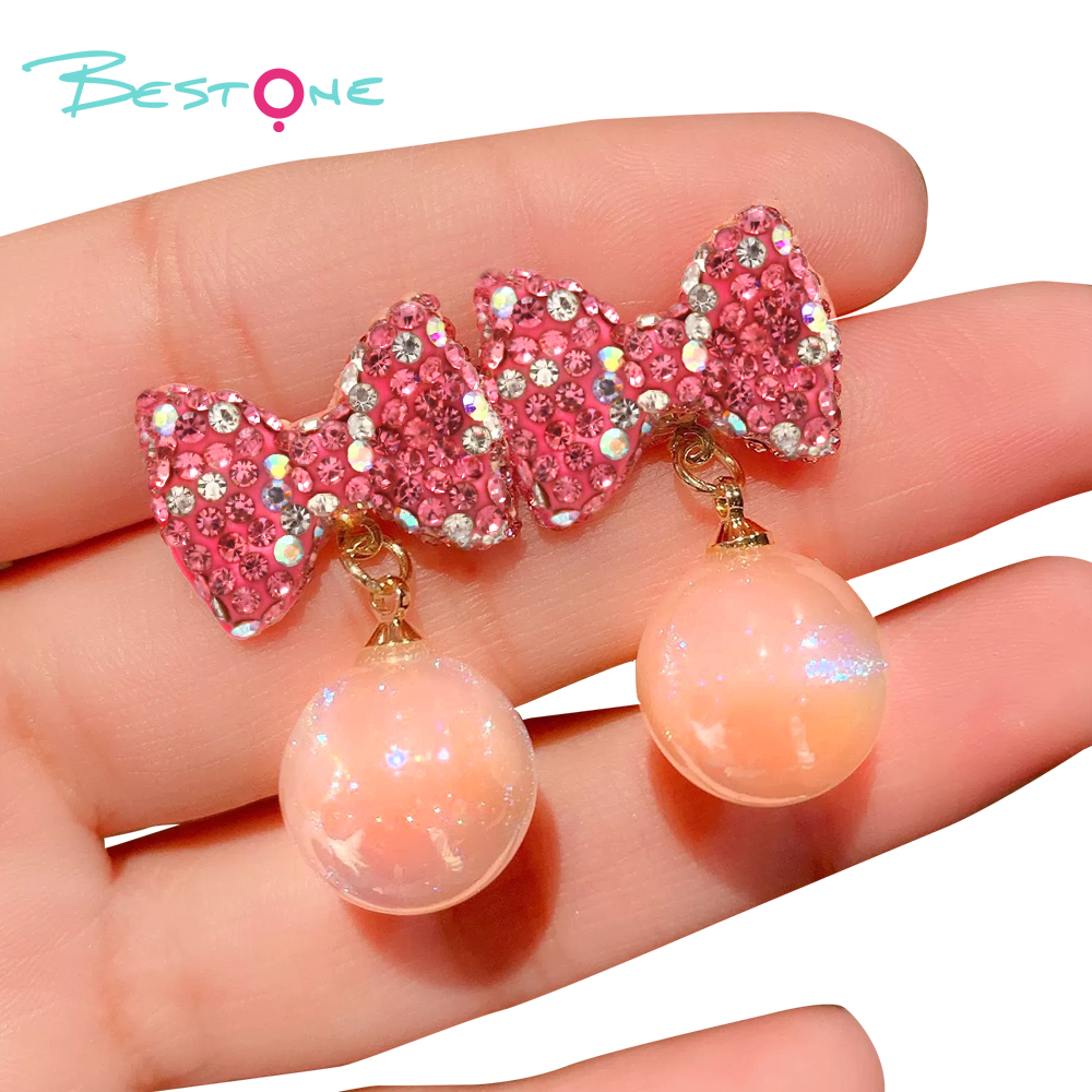 Bling Beads Earring Bow Glass beads-Pink Color