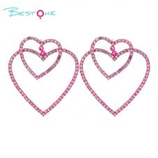 Earring Heart Fushia with Rhinestones 45x50mm