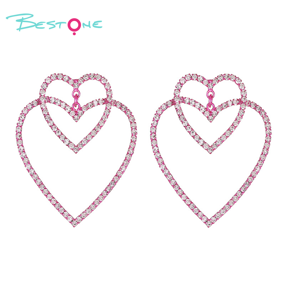 Earring Heart Fushia with Rhinestones 45x50mm