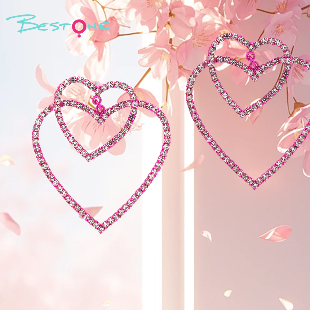 Earring Heart Fushia with Rhinestones 45x50mm